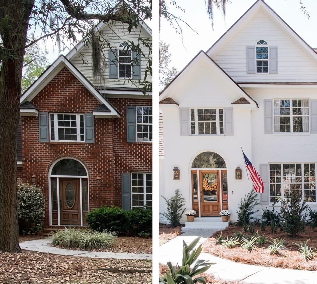 A two-storey house in red brick, and the same house after the brick was painted white