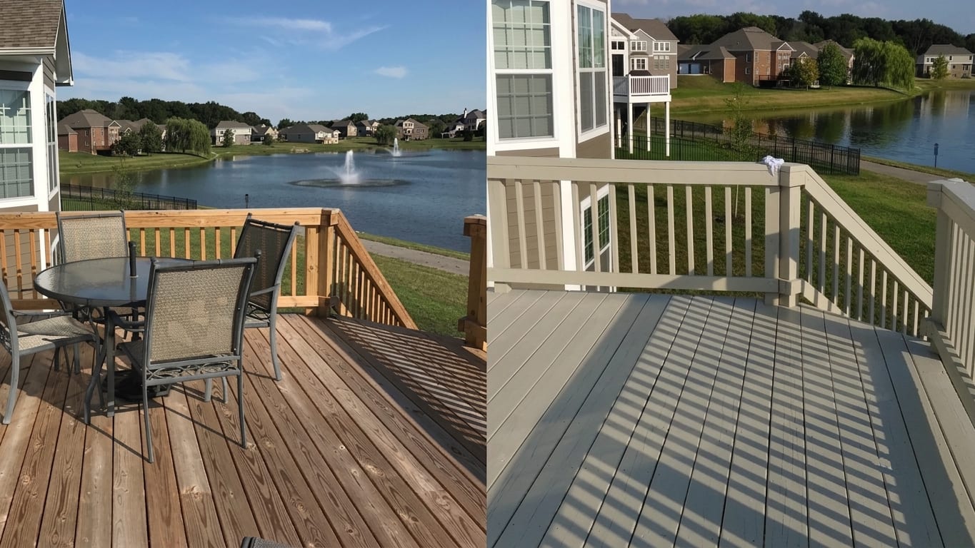 A lakeside deck in bare weathered board, and the same deck and railing after painting