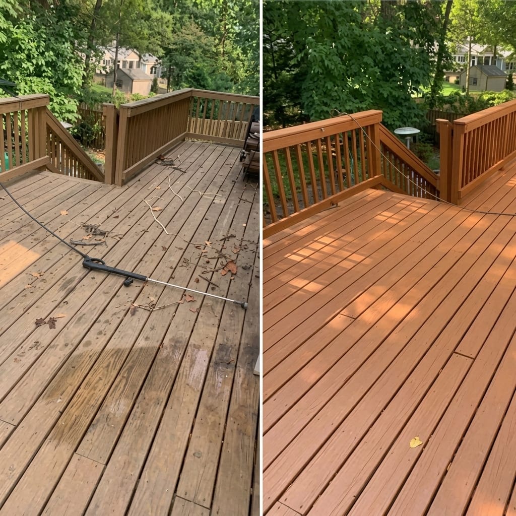 A grey weathered deck part way through a pressure wash, and the same deck cleaned and stained
