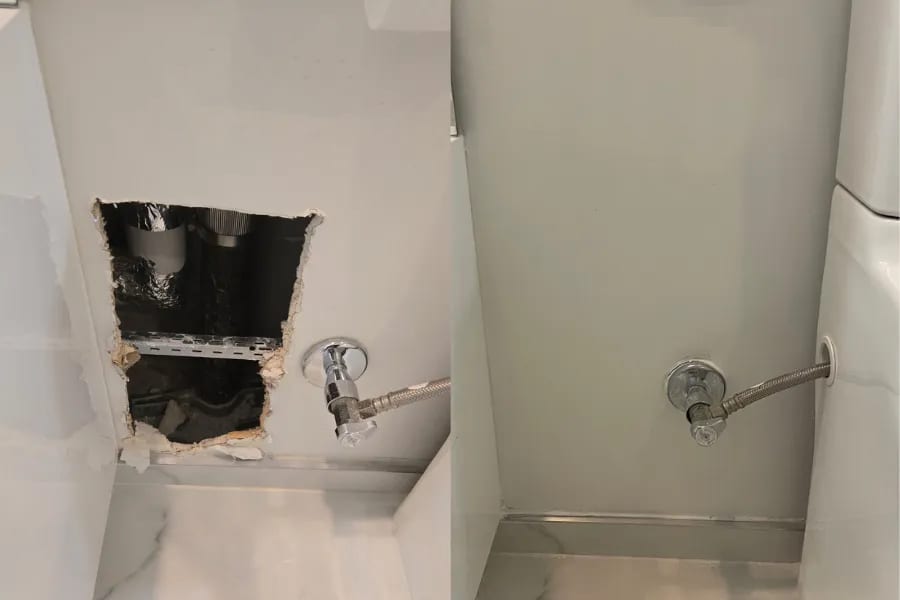 A bathroom wall opened up to the pipework, and the same wall repaired, painted and refitted