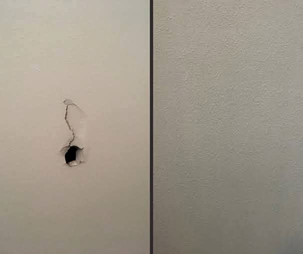 A hole punched through a wall with cracking around it, and the same wall patched flat
