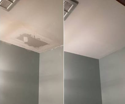 A patched ceiling still showing the repair, and the same ceiling finished and painted out