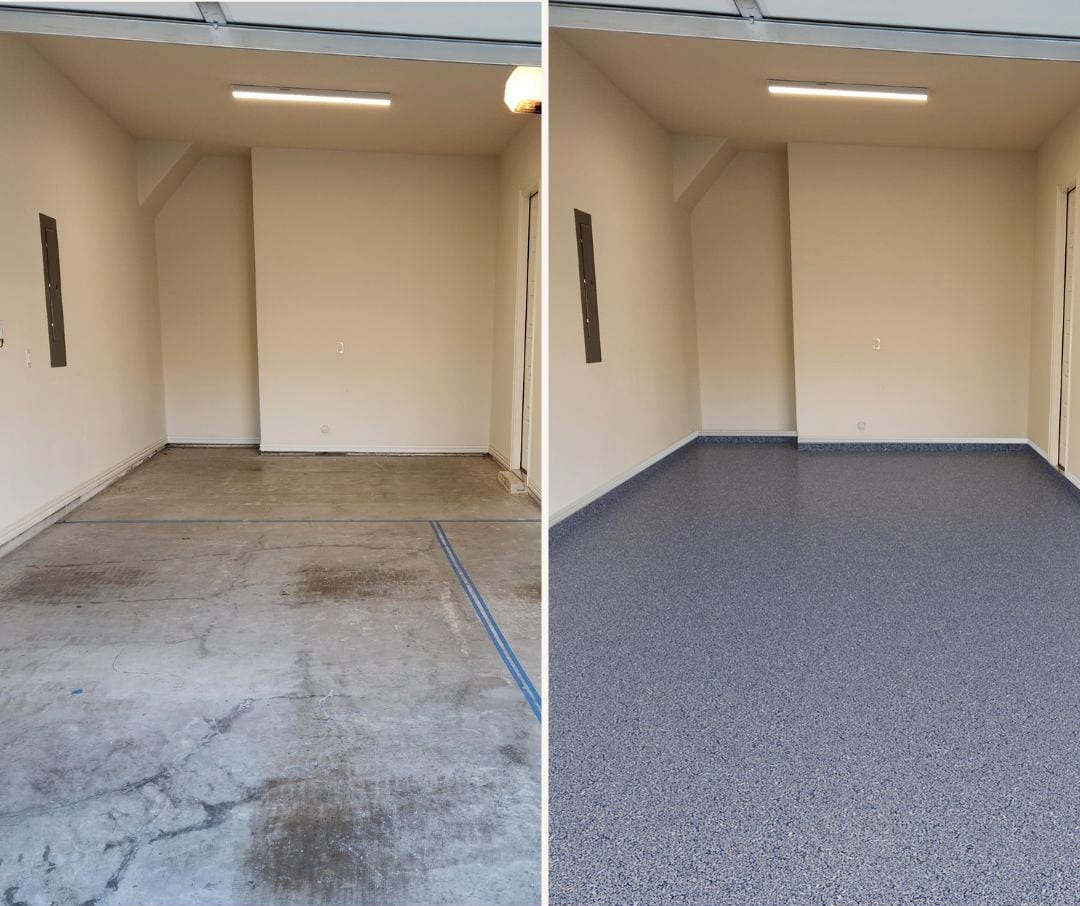 A single garage bay with a cracked and stained concrete slab, and the same bay finished in blue-grey flake epoxy
