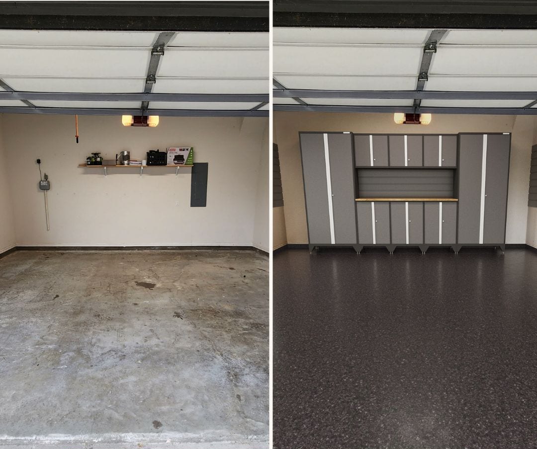 A garage with a discoloured bare slab, and the same garage with dark flake epoxy and steel cabinets fitted
