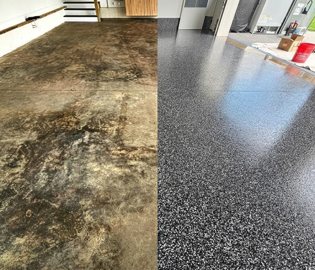 A heavily oil-stained garage slab at floor level, and the same floor coated in black and white flake epoxy