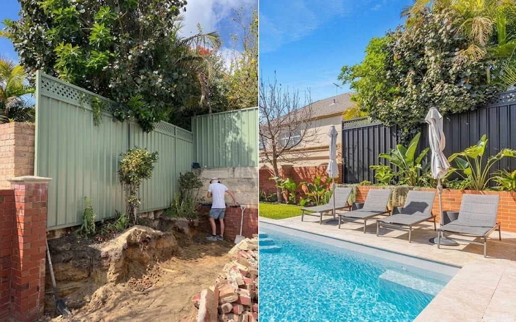 A pale green metal fence beside an excavated yard, and the same fence after it was repainted charcoal