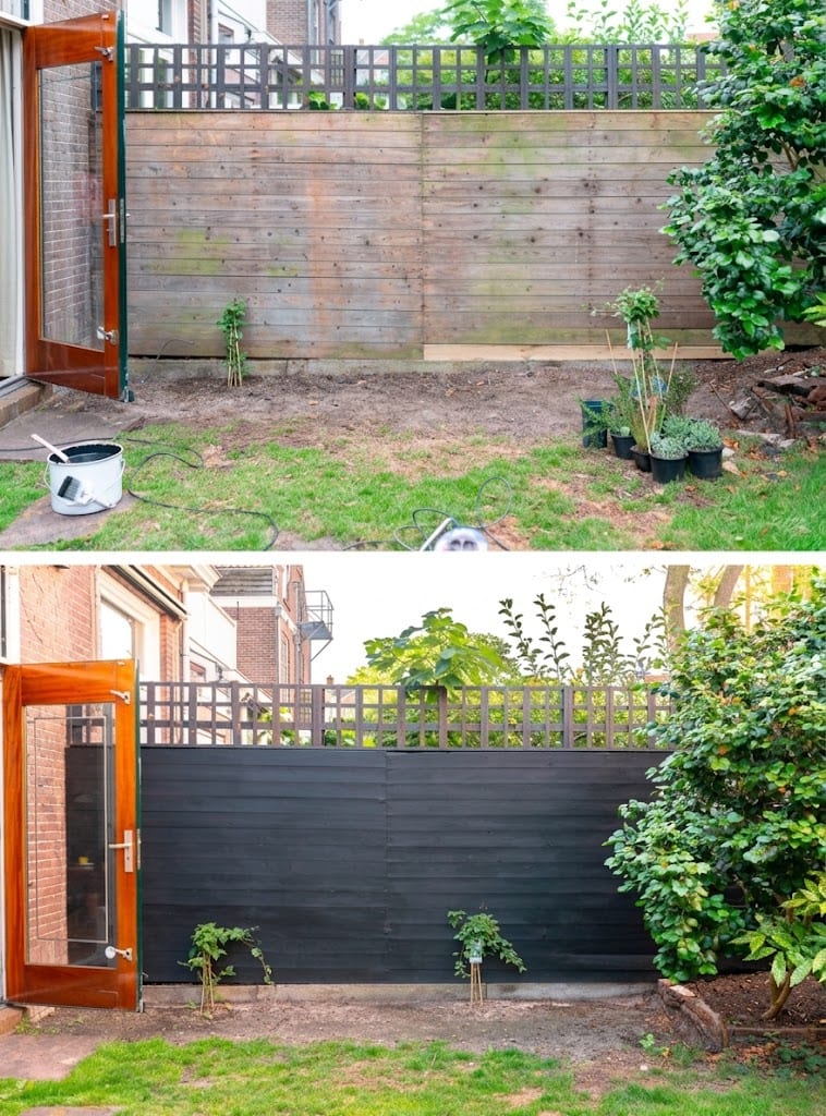 A timber fence weathered grey and streaked with algae, and the same fence after it was painted black