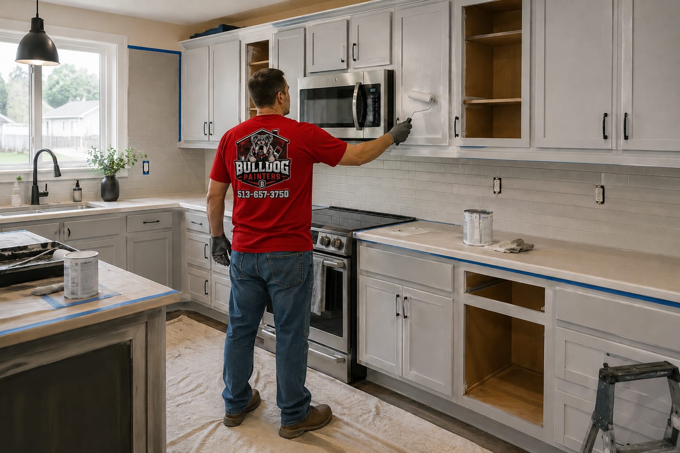 A Bulldog Painters painter refinishing kitchen cabinet doors and frames
