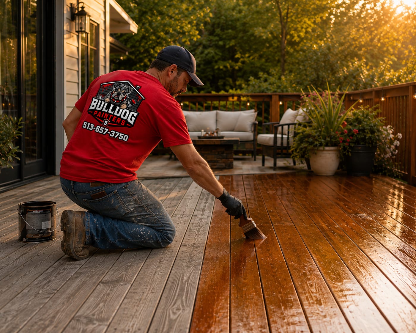 A Bulldog Painters painter brushing stain onto deck boards, the finished half wet and dark