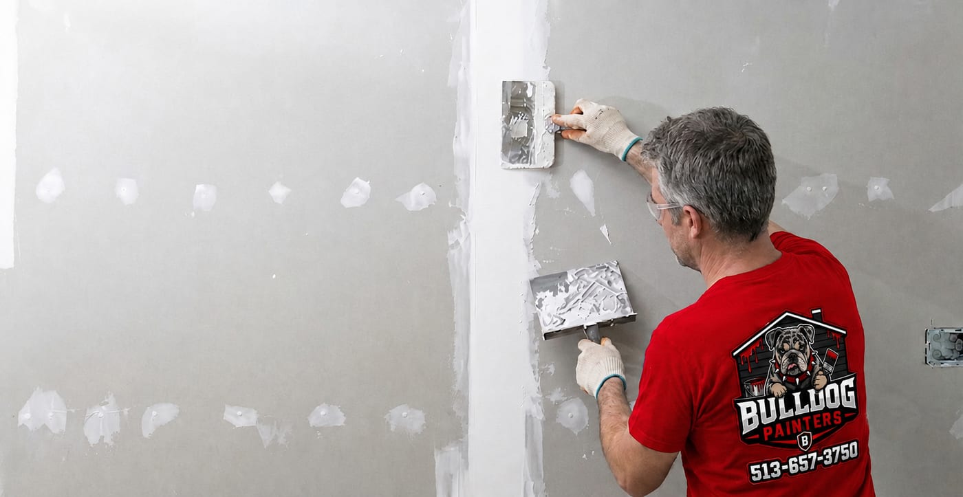 A Bulldog Painters crew member feathering compound over drywall patches