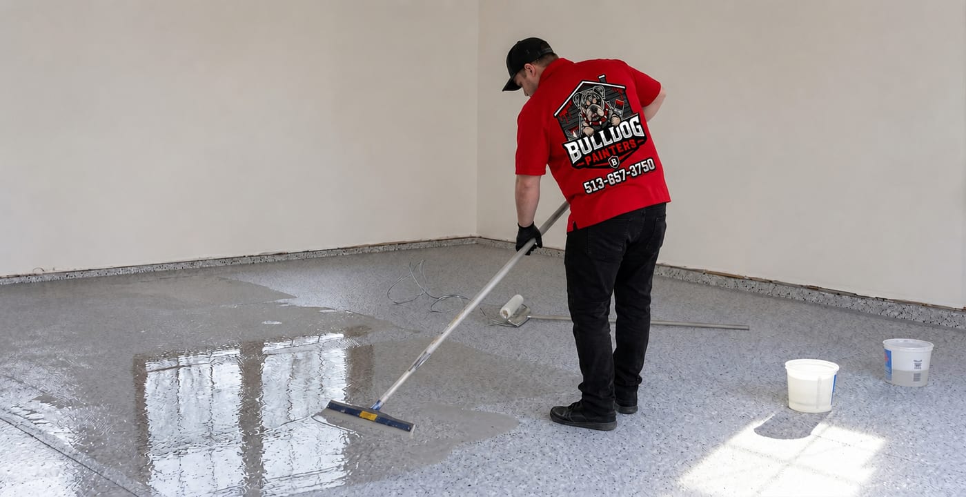 A Bulldog Painters painter applying a flake floor coating