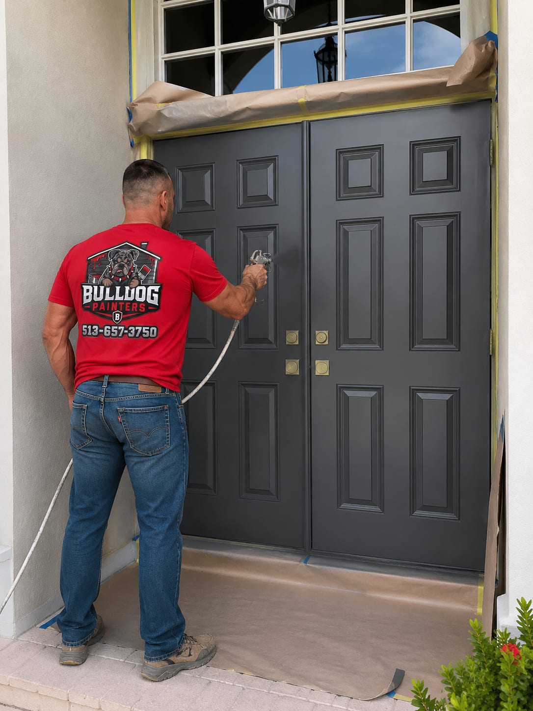 A Bulldog Painters painter spraying a pair of front doors, the surround masked off