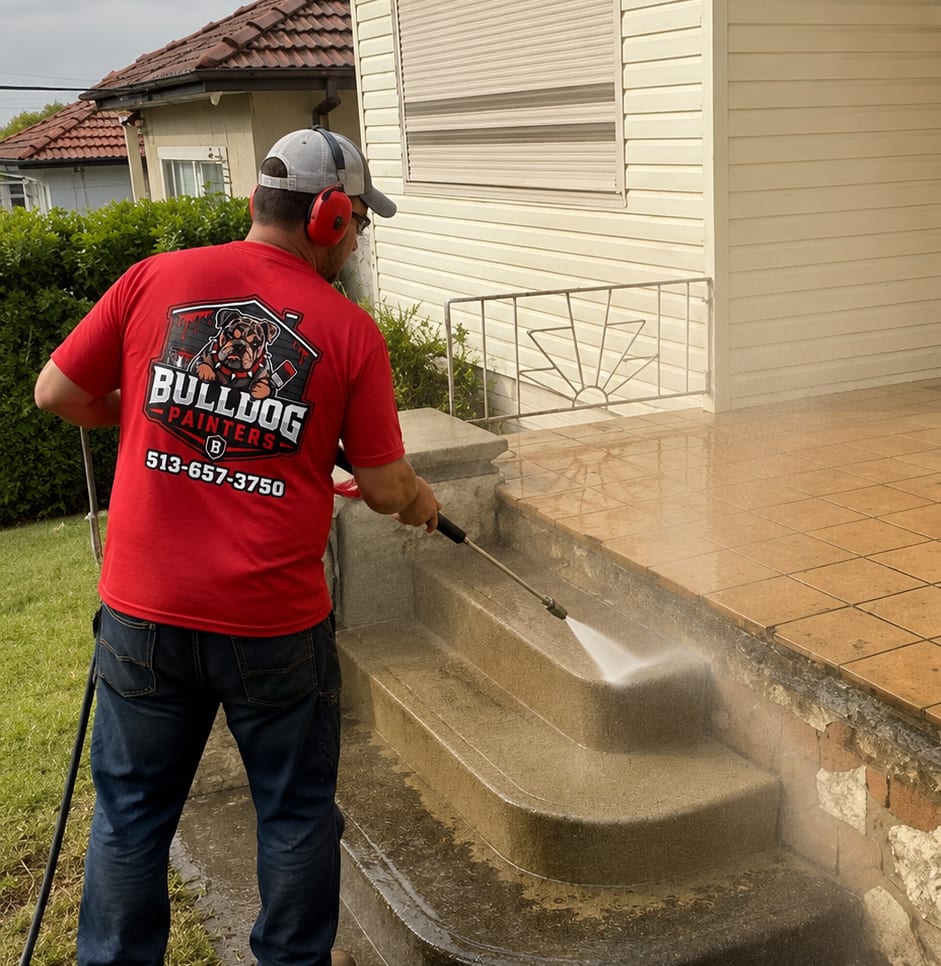 A Bulldog Painters painter pressure washing concrete steps beside a house