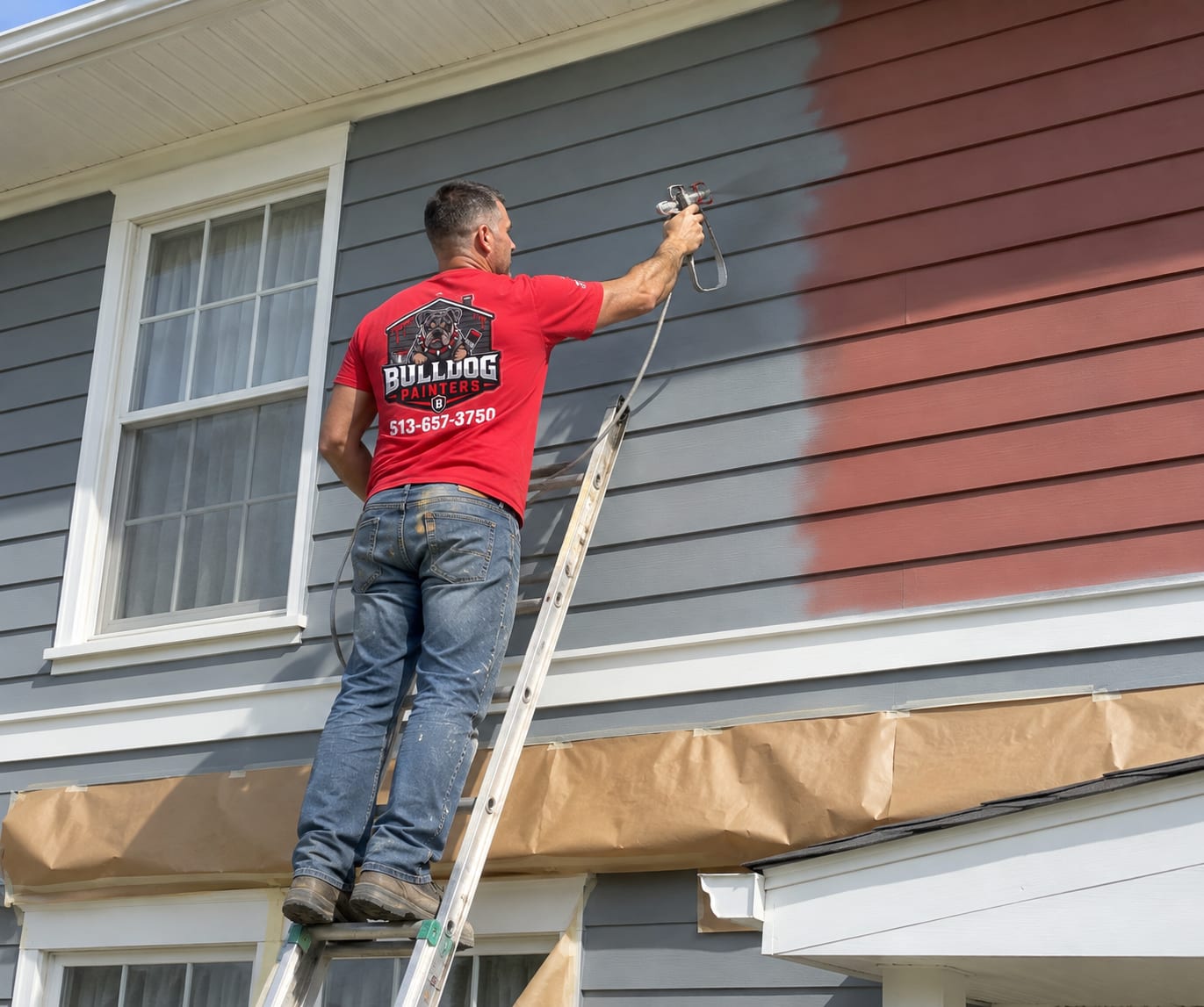 A Bulldog Painters painter spraying lap siding from a ladder, half the elevation still the old colour