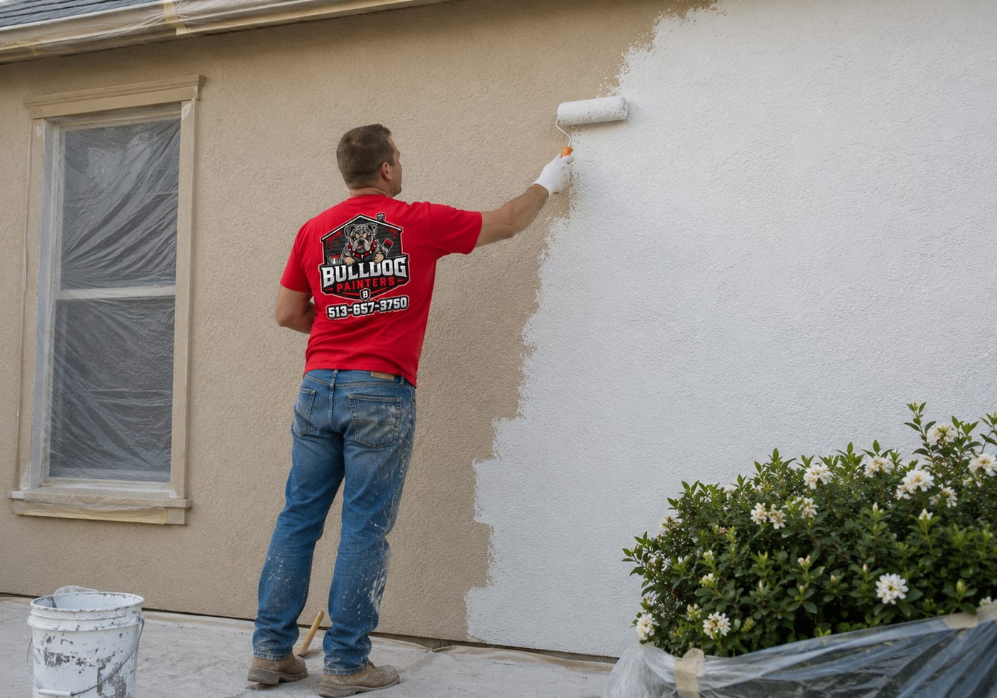A Bulldog Painters painter rolling a stucco wall, the fresh coat cutting a clean edge against the old
