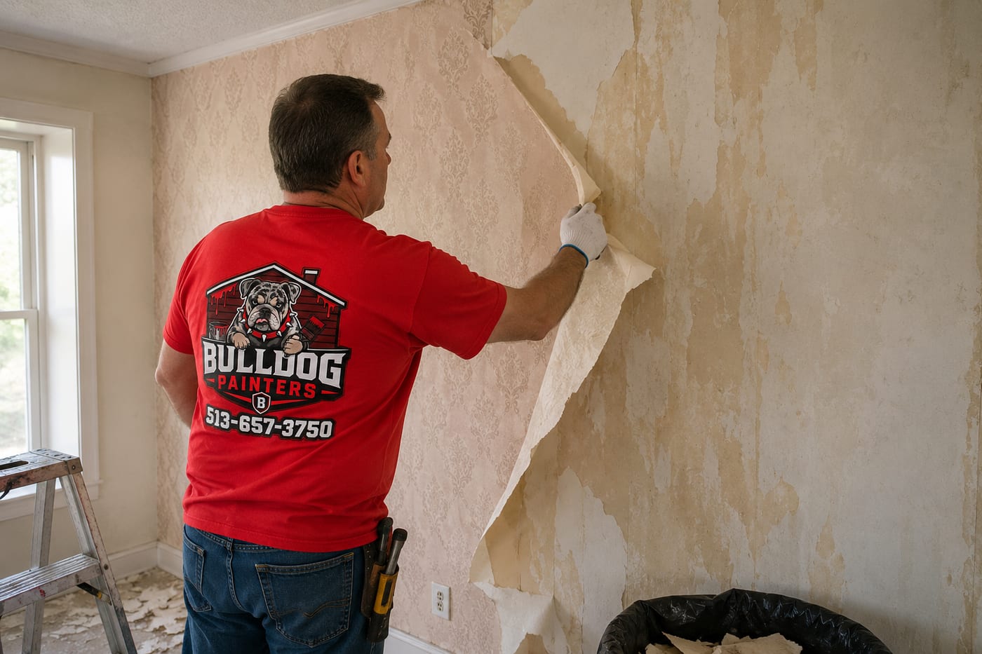 A Bulldog Painters painter pulling a sheet of wallpaper off a stripped bedroom wall