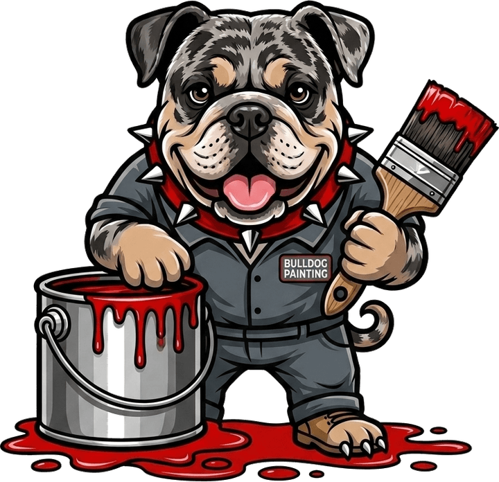 The Bulldog Painters mascot — a bulldog in work coveralls holding a paint brush beside an open can