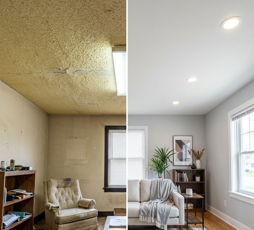 A living room ceiling before and after popcorn removal — textured and stained on the left, flat white on the right
