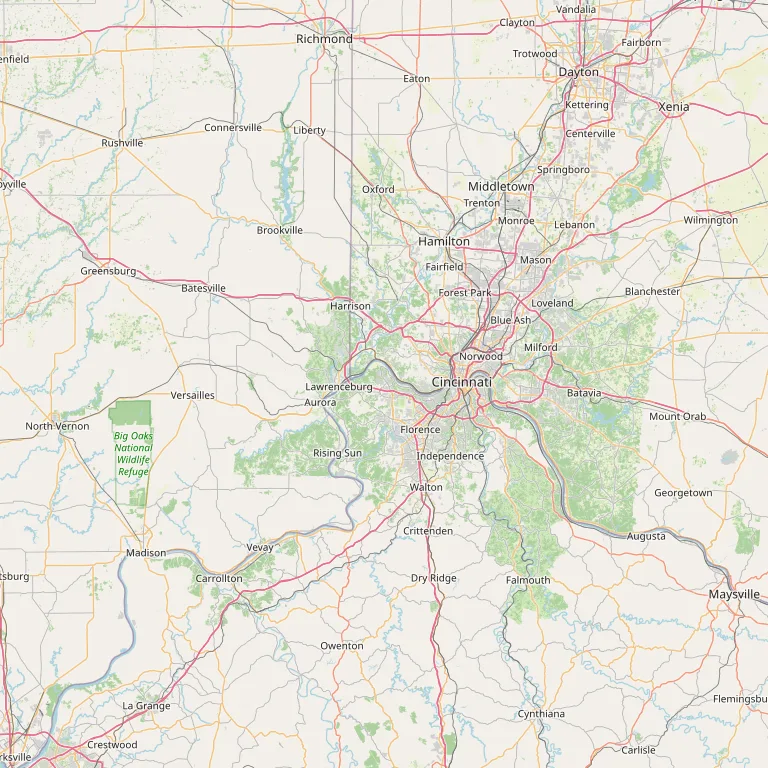Map of the Cincinnati region and surrounding areas covering our service area across southwest Ohio, Northern Kentucky and southeastern Indiana