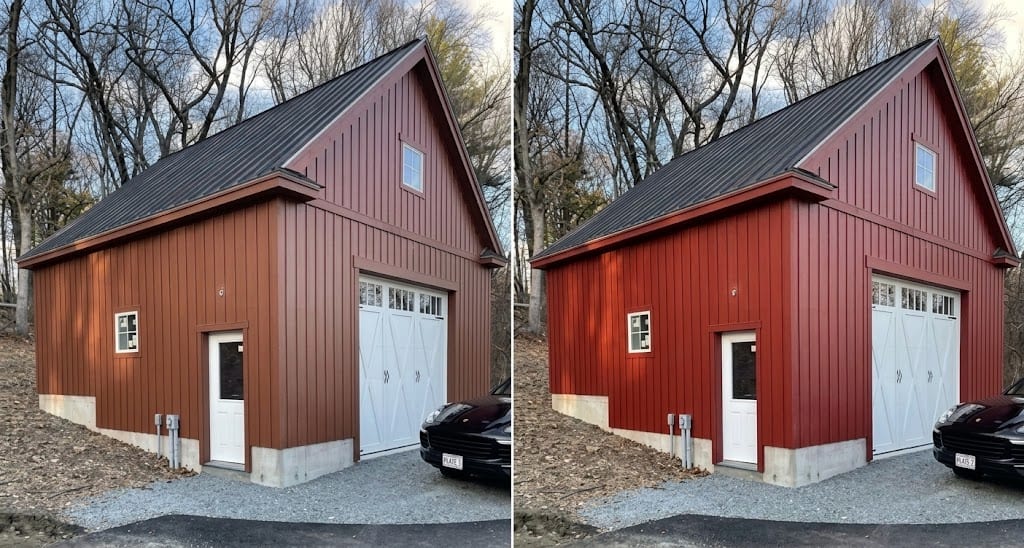 A board-and-batten outbuilding in faded red, and the same building after repainting in a deeper red with the trim recut in white