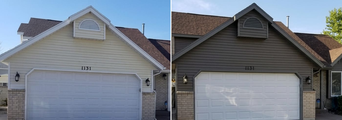 A house front in cream lap siding, and the same house after the siding was painted dark grey-brown with the brick and garage door left as they were