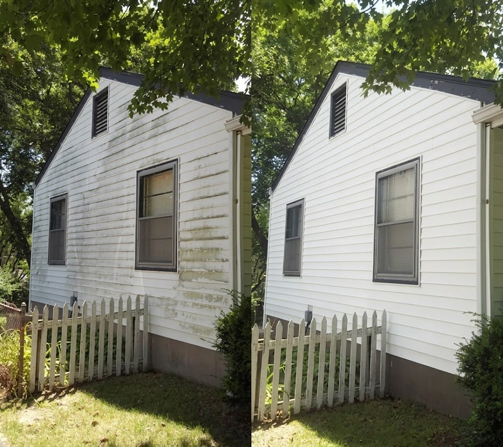 A white siding elevation stained green and streaking, and the same wall repainted in the original white