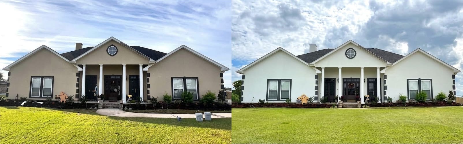 A single-storey stucco house in taupe with dark quoins, and the same house after the stucco was coated white