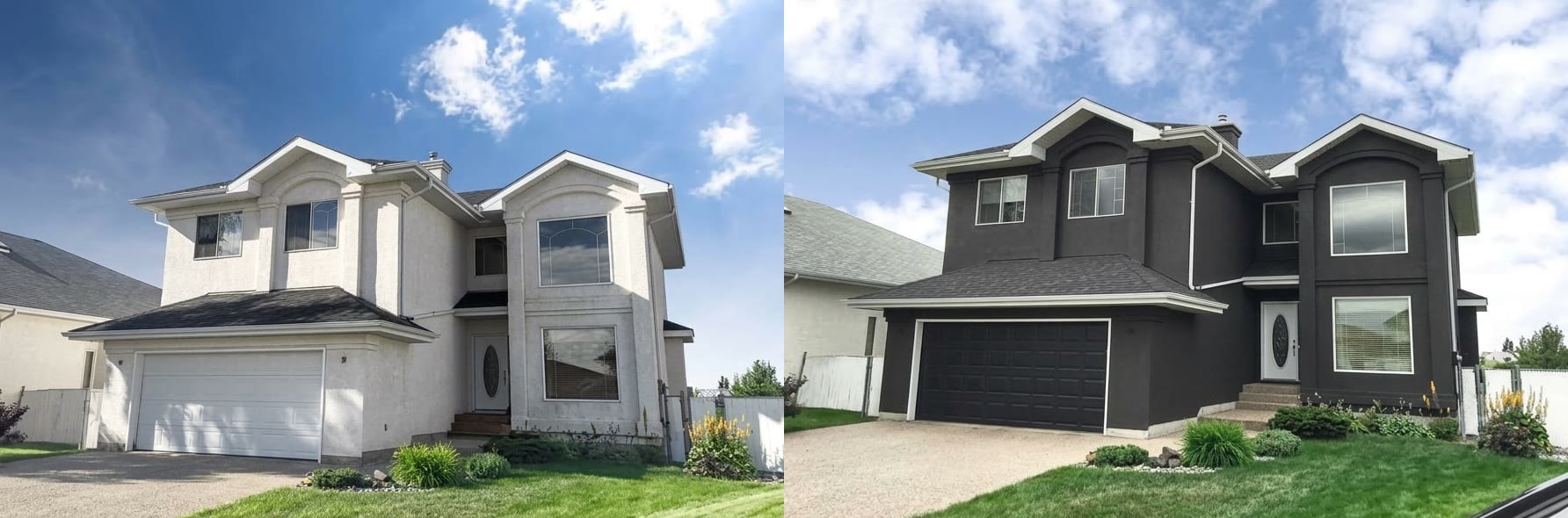 A two-storey stucco house in cream, and the same house after the stucco was coated charcoal with the trim left white
