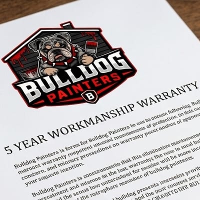 The printed Bulldog Painters five-year workmanship warranty on a desk