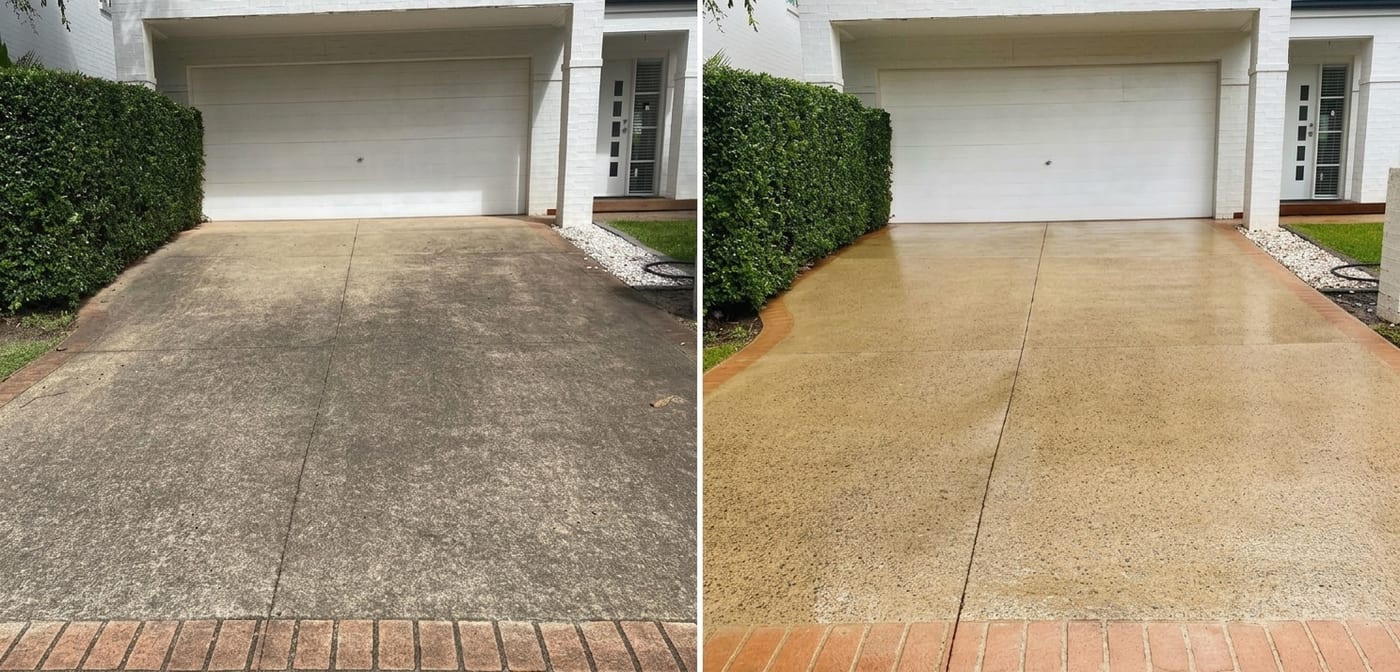 A concrete driveway darkened with grime, and the same driveway washed back to clean buff concrete