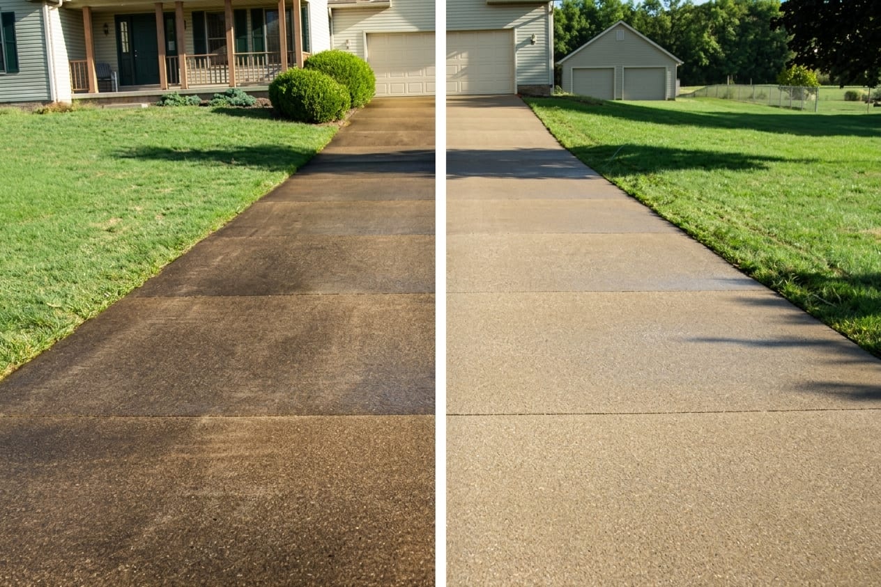 A long driveway stained brown with algae, and the same driveway after washing