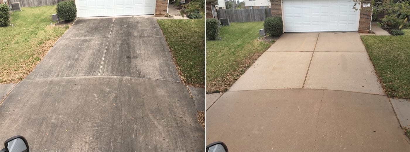 A driveway greyed with dirt and tyre marks, and the same driveway cleaned to the garage door